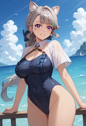 genshin impact,lynette,retro style swimsuit,frilled neckline,bow detail  - AI generated anime art