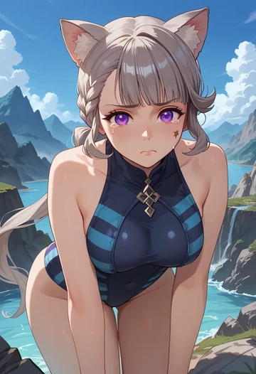 genshin impact,lynette,racerback swimsuit,striped trim,name tag patch  - AI generated anime art