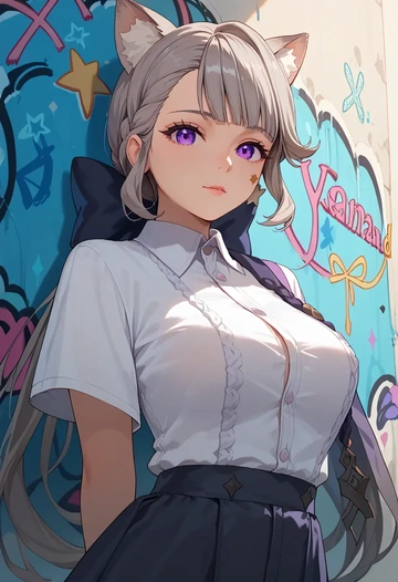 genshin impact,lynette,oversized graffiti shirt,dolphin shorts  - AI generated anime art