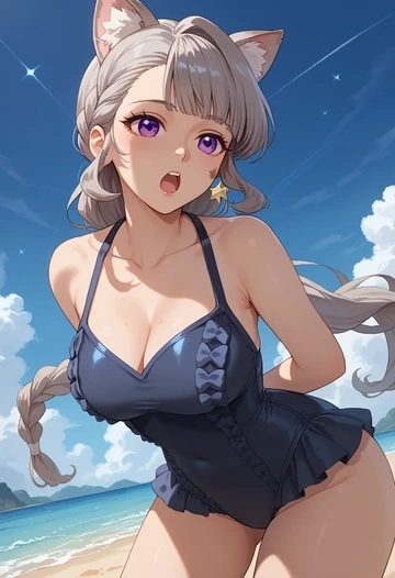 genshin impact,lynette,retro style swimsuit,frilled neckline,bow detail  - AI generated anime art