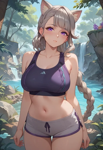 genshin impact,lynette,sports bra,wide-leg joggers  - AI generated anime art