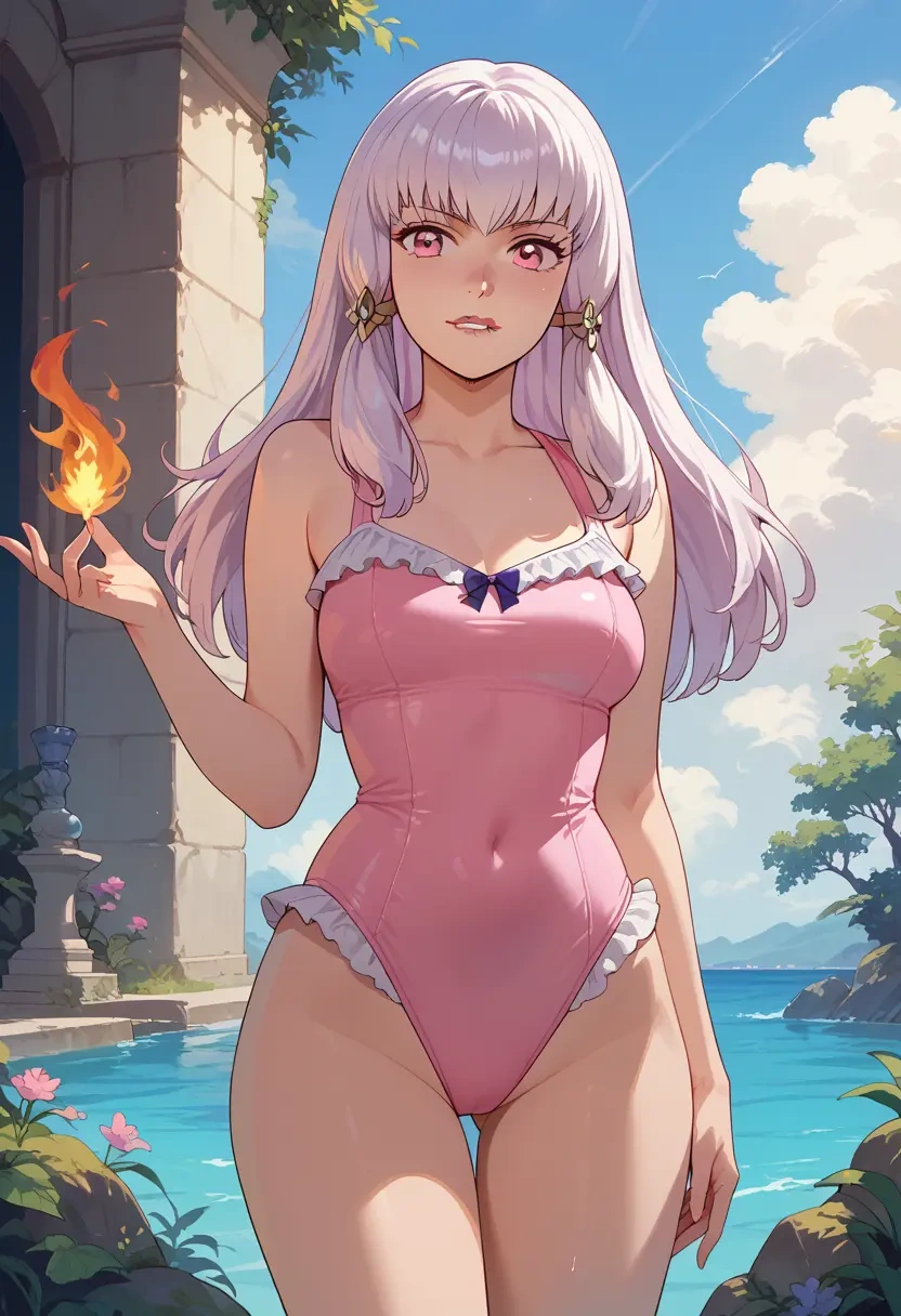 fire_emblem,lysithea_von_ordelia,retro style swimsuit,frilled neckline,bow detail  - 