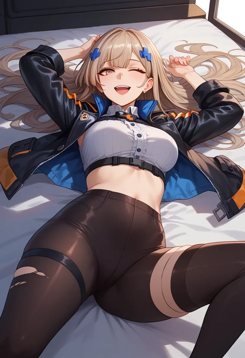 girls_frontline,m4a1_(girls_frontline),denim jacket,cropped,leather leggings  - 