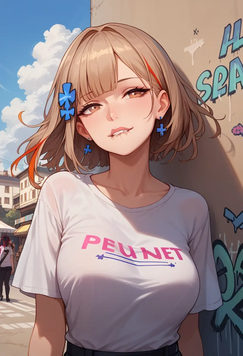 girls_frontline,m4a1_(girls_frontline),crop graffiti tee,dolphin shorts  - 