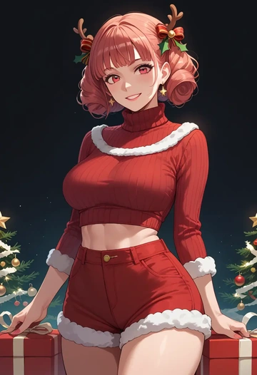 yume_nikki,madotsuki,Christmas,red velvet shorts,turtleneck sweater  - AI generated anime art