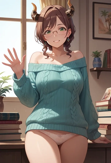 idolmaster,maekawa_miku,sweater,panties,off-shoulder,glasses,sexy  - AI generated anime art