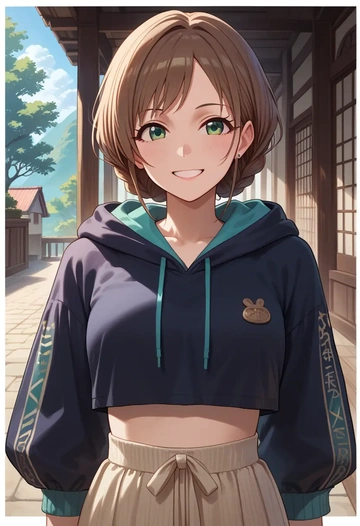 idolmaster,maekawa_miku,hoodie,cropped,high-waisted joggers  - AI generated anime art