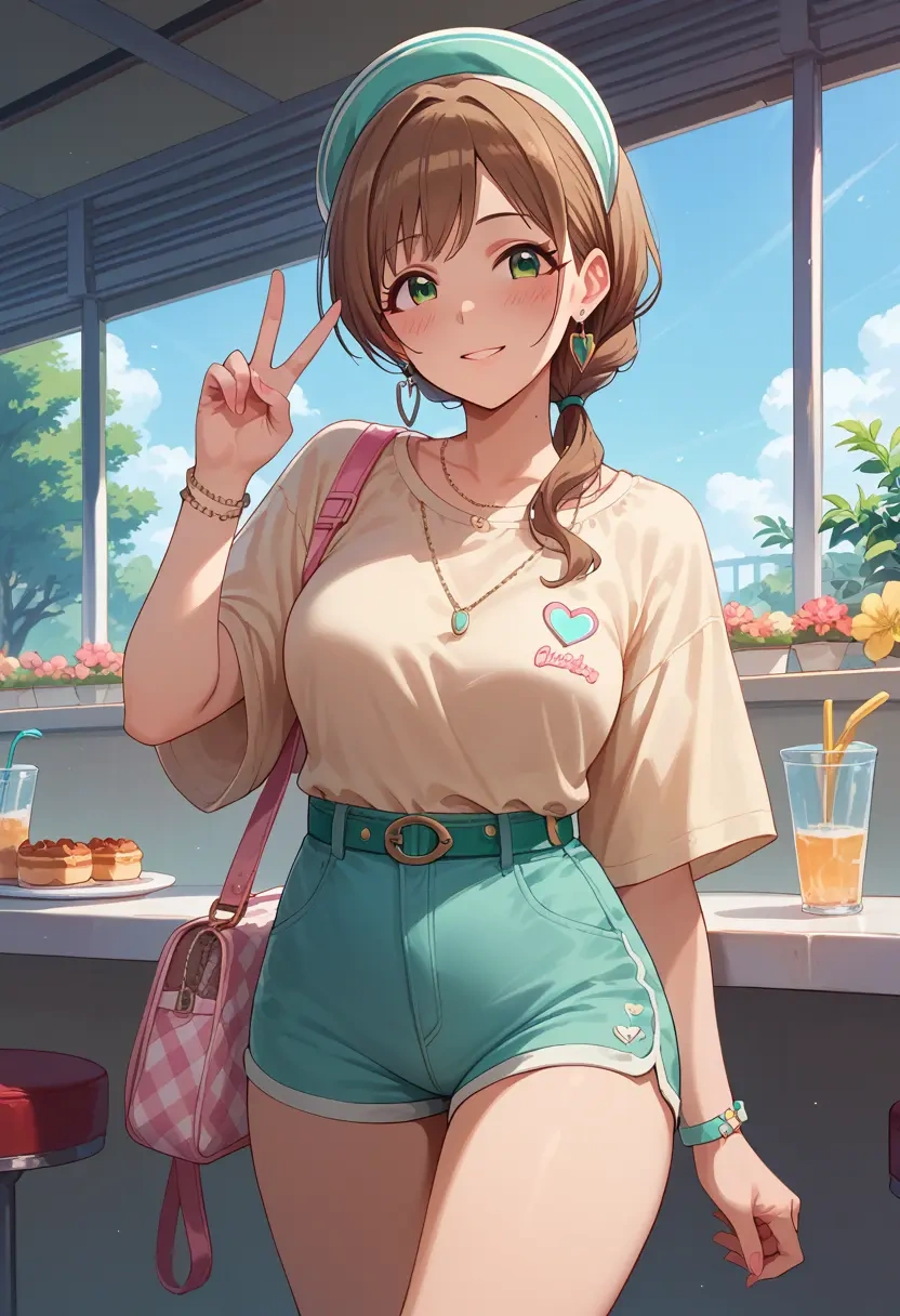 idolmaster,maekawa_miku,jogger shorts,oversized tank  - 