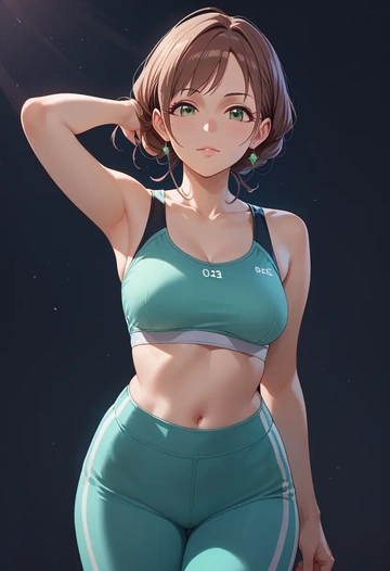 idolmaster,maekawa_miku,sports bra,wide-leg joggers  - AI generated anime art