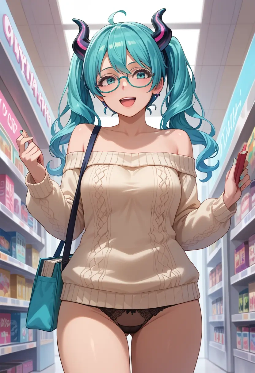 vocaloid,magical_mirai_miku,sweater,panties,off-shoulder,glasses,sexy  - 