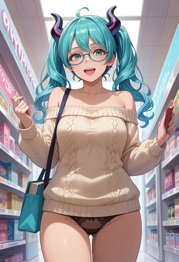 vocaloid,magical_mirai_miku,sweater,panties,off-shoulder,glasses,sexy  - AI generated anime art