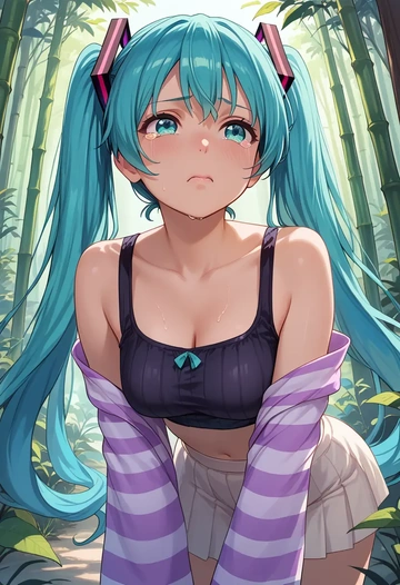 vocaloid,magical_mirai_miku,long-sleeve striped tee,pleated skirt,fishnet stockings  - AI generated anime art