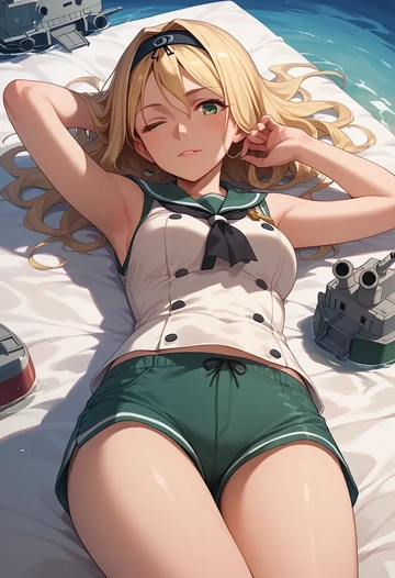 kantai_collection,maikaze_(kancolle),sleeveless swim top,shorts-style bottom,contrast stitching  - AI generated anime art