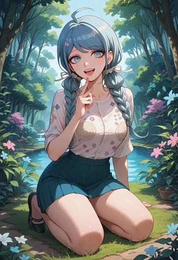 danganronpa_(series),maizono_sayaka,silk graffiti shirt,dolphin shorts  - AI generated anime art