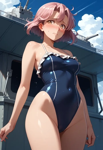 kantai_collection,makigumo_(kancolle),retro style swimsuit,frilled neckline,bow detail  - AI generated anime art