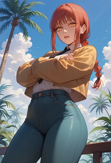 chainsaw_man,makima_(chainsaw_man),denim jacket,cropped,leather leggings  - AI generated anime art