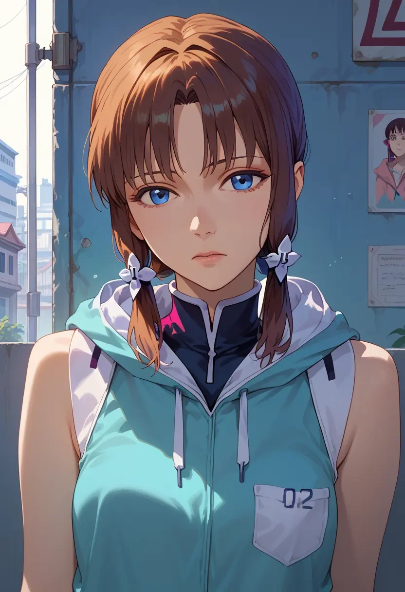 neon_genesis_evangelion,makinami_mari_illustrious,sleeveless hoodie,biker shorts  - 