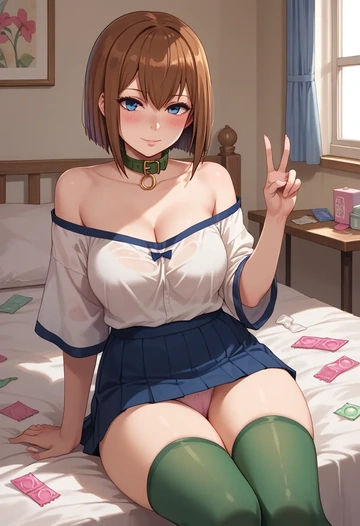 steins_gate,makise_kurisu,blushing,collar, peace sign, condom,mini skirt,Thigh garters  - AI generated anime art