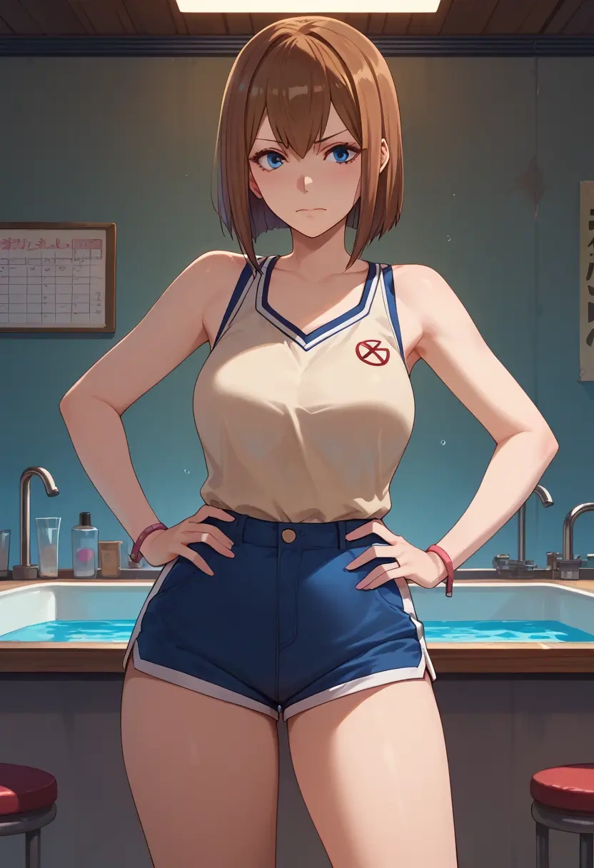 steins_gate,makise_kurisu,sleeveless swim top,shorts-style bottom,contrast stitching  - 