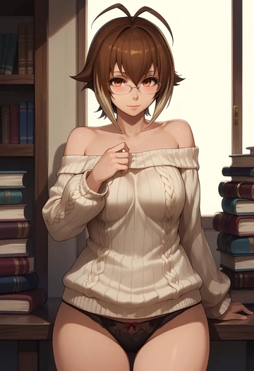 blazblue,makoto_nanaya,off-shoulder,panties,glasses,sweater  - AI generated anime art