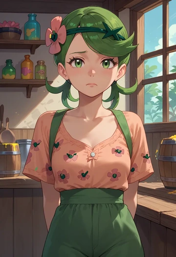 pokemon,mallow_(pokemon),paint-splatter blouse,dolphin shorts  - AI generated anime art