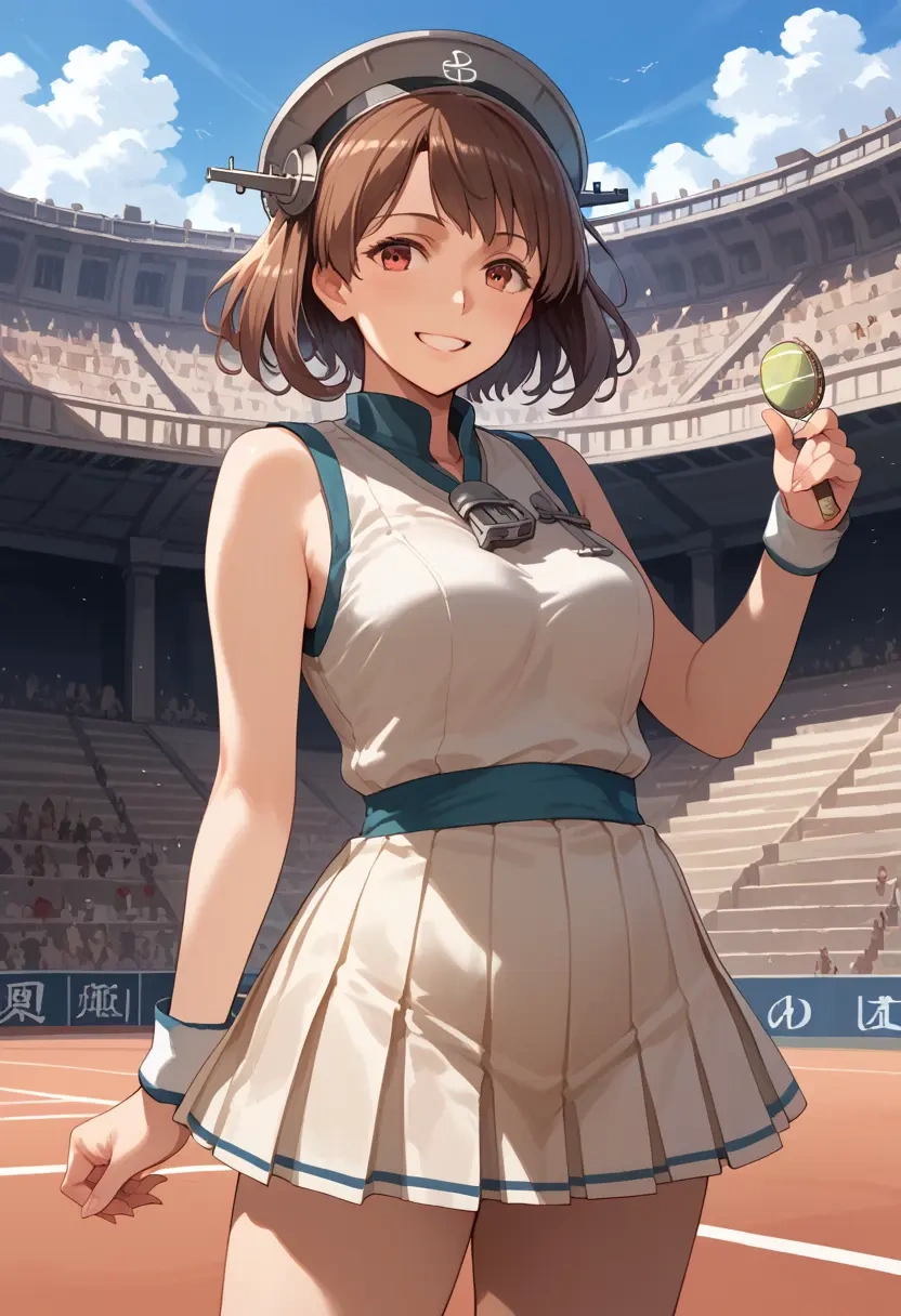 kantai_collection,mamiya_(kancolle),tennis dress,visor,trainers  - 