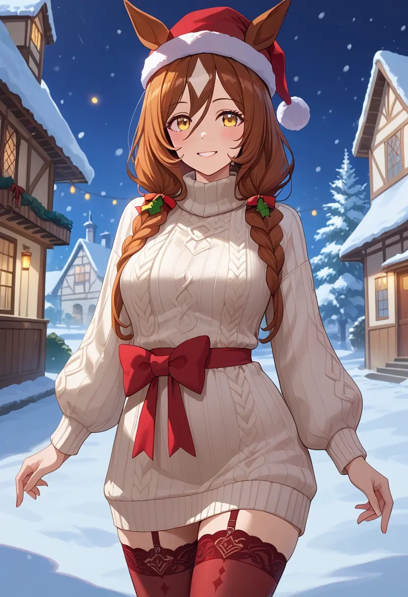 umamusume,manhattan_cafe_(umamusume),Christmas,sweater dress,stockings  - 