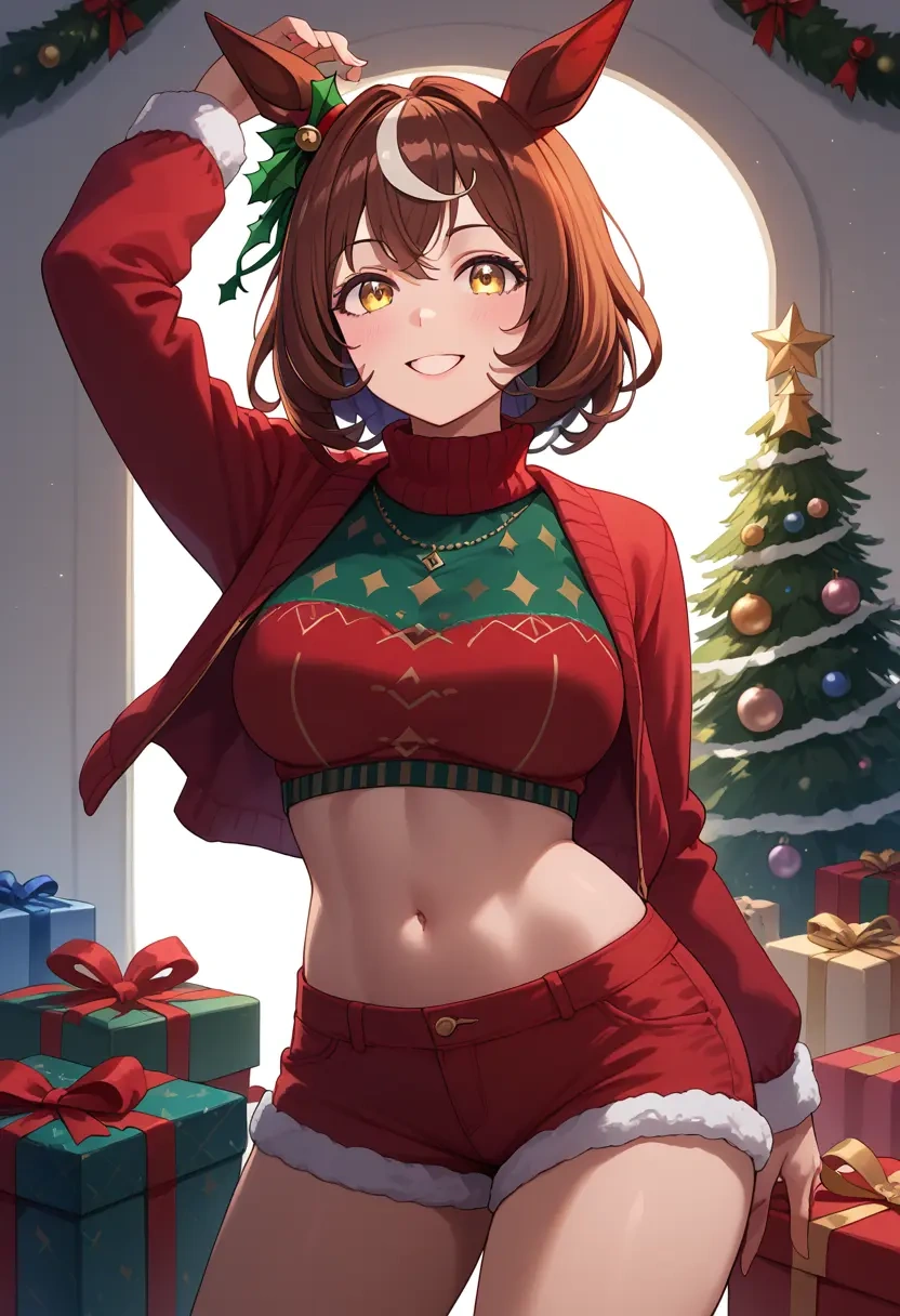 umamusume,manhattan_cafe_(umamusume),Christmas,red velvet shorts,turtleneck sweater  - 