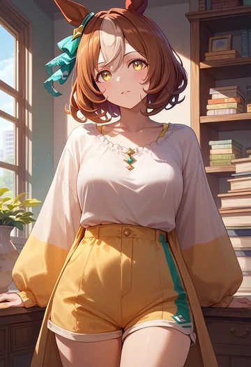 umamusume,manhattan_cafe_(umamusume),graphic tee,shorts,sneakers  - AI generated anime art