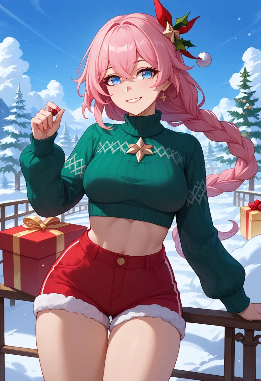 honkai_star_rail,march_7th_(honkai_star_rail),Christmas,red velvet shorts,turtleneck sweater  - 