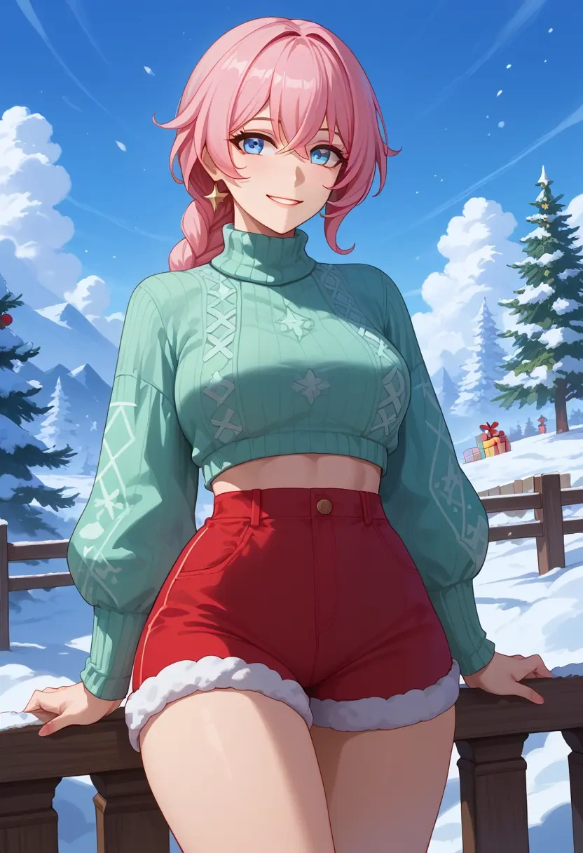 honkai_star_rail,march_7th_(honkai_star_rail),Christmas,red velvet shorts,turtleneck sweater  - 