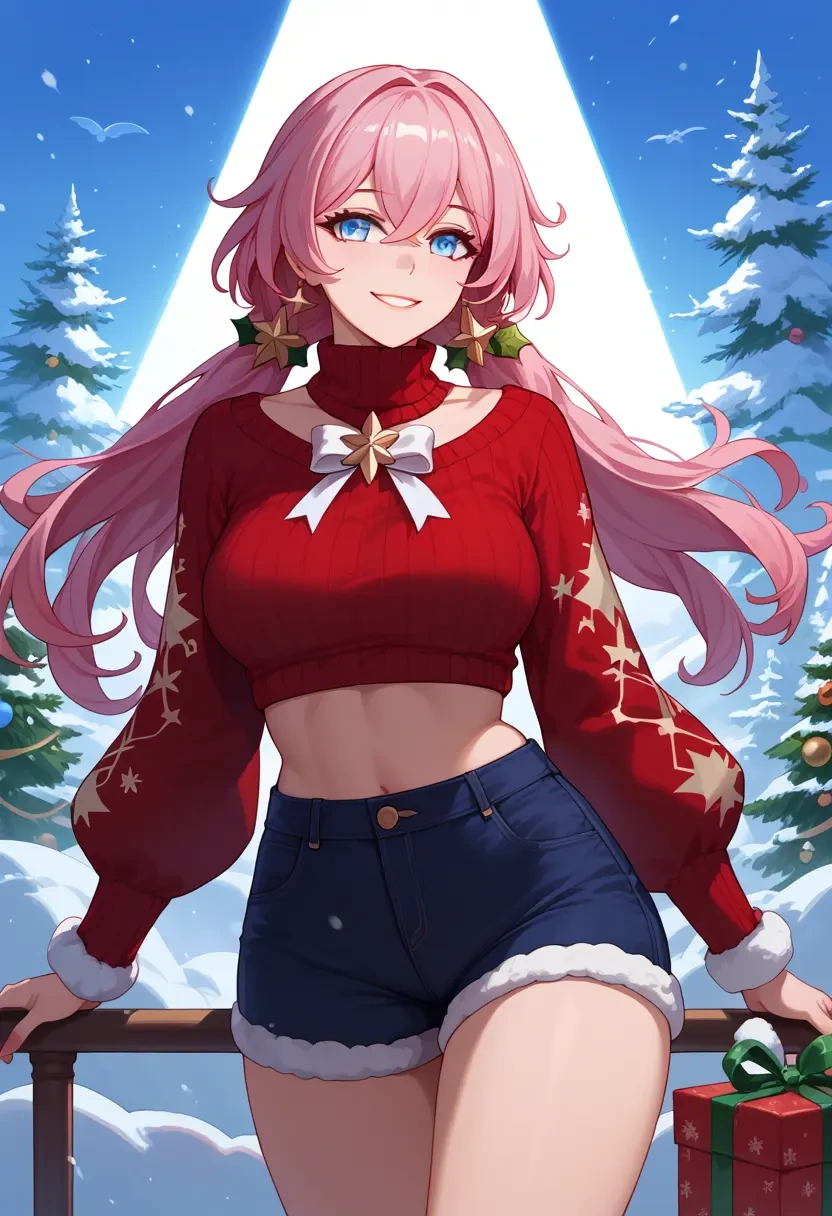 honkai_star_rail,march_7th_(honkai_star_rail),Christmas,red velvet shorts,turtleneck sweater  - 