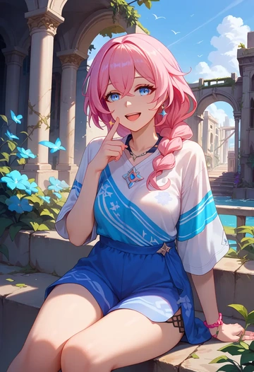 honkai_star_rail,march_7th_(honkai_star_rail),tie-dye shirt,dolphin shorts  - AI generated anime art