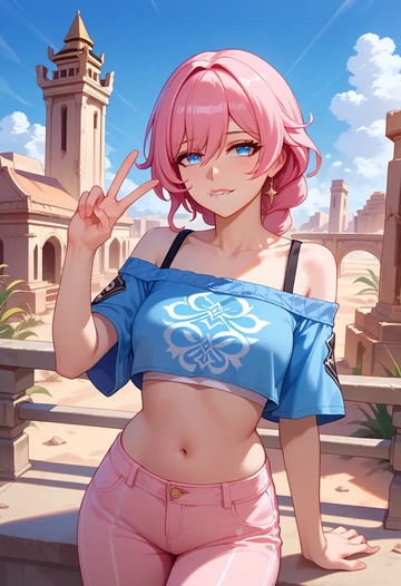 honkai_star_rail,march_7th_(honkai_star_rail),off-shoulder top,dolphin shorts  - AI generated anime art