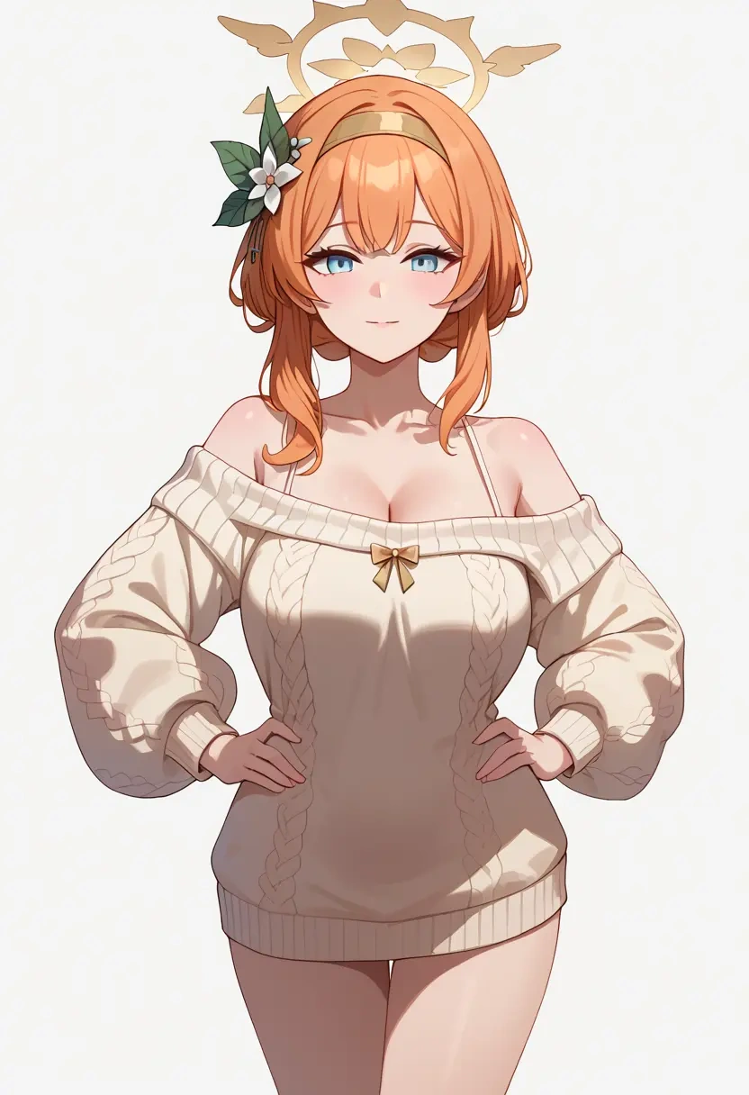 blue_archive,mari_(track)_(blue_archive),Hands on hips,off-shoulder,sweater  - 