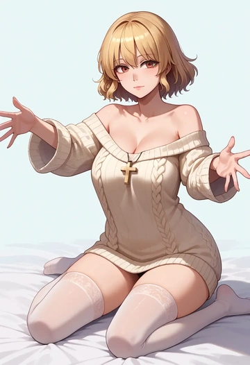 touhou,maribel_hearn,cross-legged,off-shoulder,sweater,stockings  - AI generated anime art