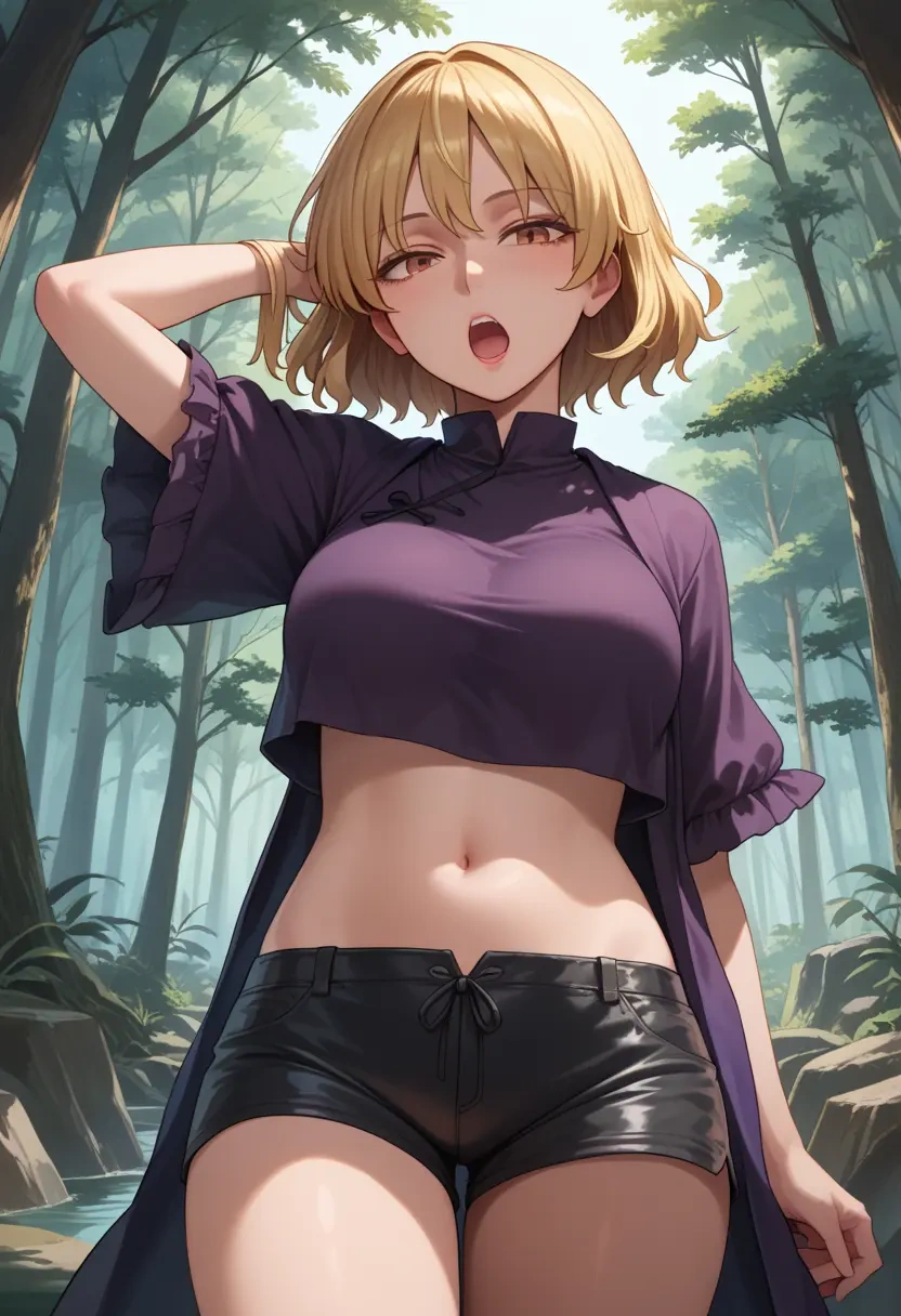 touhou,maribel_hearn,leather,shorts,crop top  - 