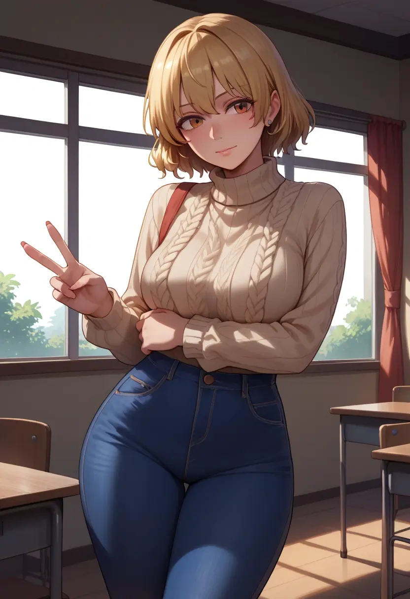 touhou,maribel_hearn,teacher, sweater, jeans shorts  - 