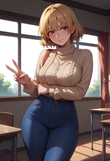 touhou,maribel_hearn,teacher, sweater, jeans shorts  - AI generated anime art