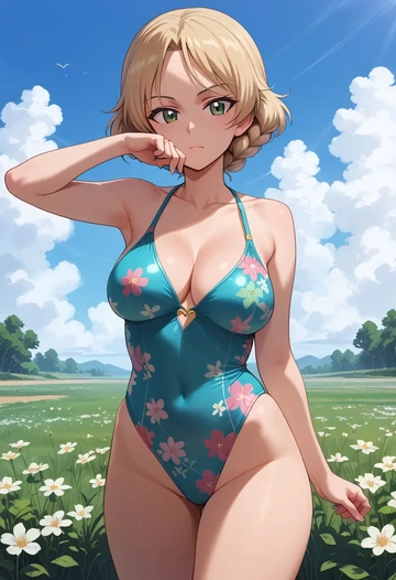 girls_und_panzer,marie_(girls_und_panzer),swimsuit,floral print  - AI generated anime art