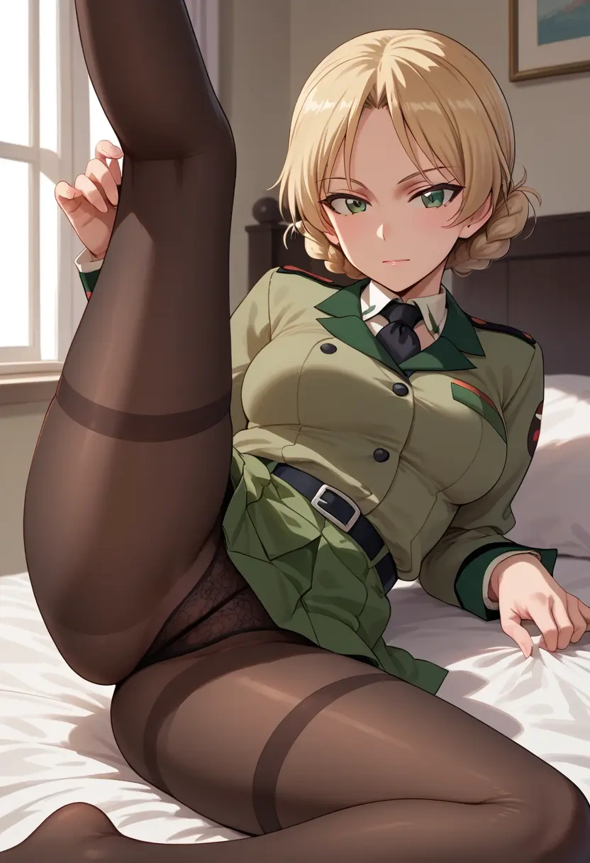 girls_und_panzer,marie_(girls_und_panzer),pantyhose,stocking,spread legs,one leg up,sexy  - 