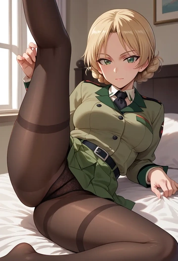 girls_und_panzer,marie_(girls_und_panzer),pantyhose,stocking,spread legs,one leg up,sexy  - AI generated anime art