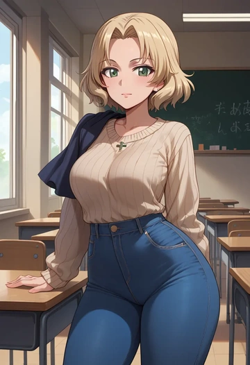 girls_und_panzer,marie_(girls_und_panzer),teacher, sweater, jeans shorts  - AI generated anime art