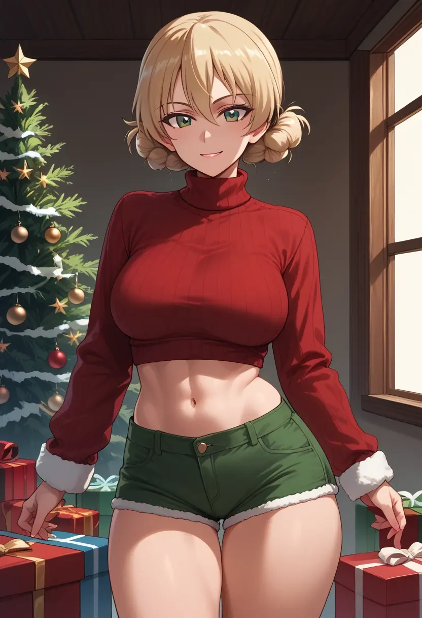 girls_und_panzer,marie_(girls_und_panzer),Christmas,red velvet shorts,turtleneck sweater  - 