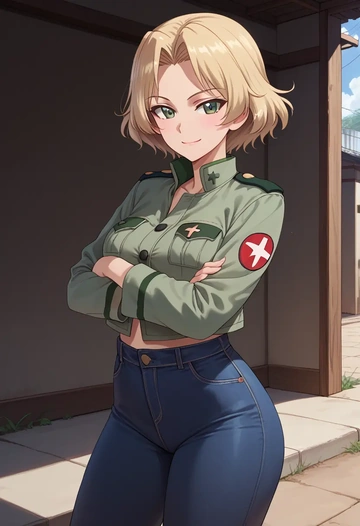 girls_und_panzer,marie_(girls_und_panzer),denim jacket,cropped,leather leggings  - AI generated anime art