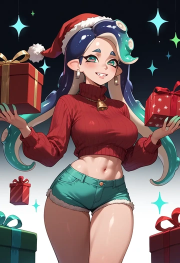 splatoon_(series),marina_(splatoon),Christmas,red velvet shorts,turtleneck sweater  - AI generated anime art