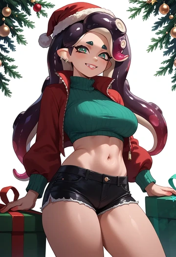 splatoon_(series),marina_(splatoon),Christmas,red velvet shorts,turtleneck sweater  - AI generated anime art