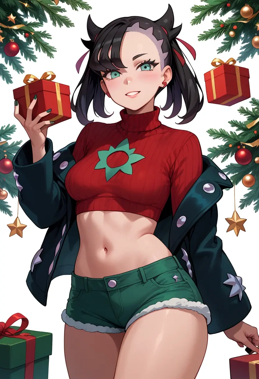 pokemon,marnie_(pokemon),Christmas,red velvet shorts,turtleneck sweater  - 