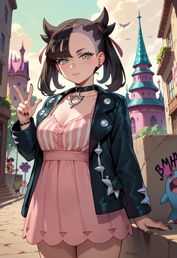 pokemon,marnie_(pokemon),striped graffiti blouse,dolphin shorts  - AI generated anime art