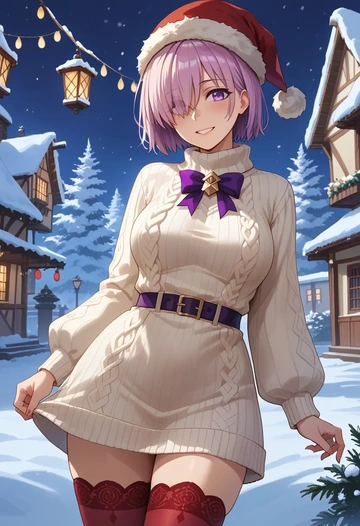 fate_(series),mash_kyrielight_(dangerous_beast),Christmas,sweater dress,stockings  - AI generated anime art